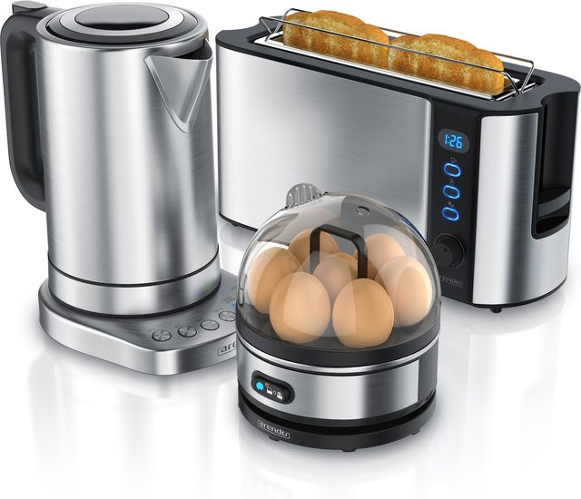 Arendo Frühstücks-Set in Edelstahl-Optik in Silber bestehend aus Wasserkocher, Toaster und Eierkocher - Bild 1
