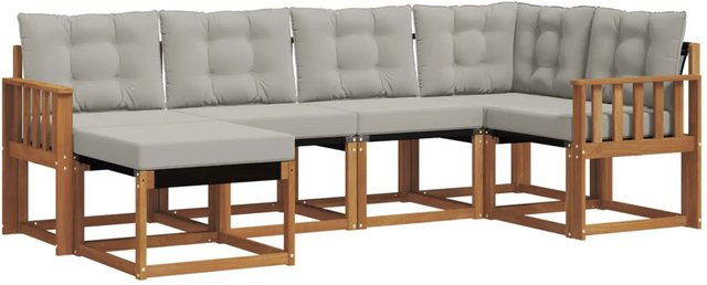 vidaXL Outdoor-Sofagarnitur 6-teilig L-Form aus Akazienholz und Textilene in Natur und Hellgrau mit UV-beständigen Kissen - Bild 1
