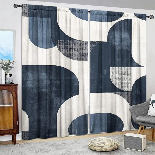 2er-Set Kunstbedruckte Vorhänge von Household supplies MH in Blau und Weiß, halbtransparent mit Stangentasche, Breite: 132 cm, Höhe: 160 cm - Bild 1