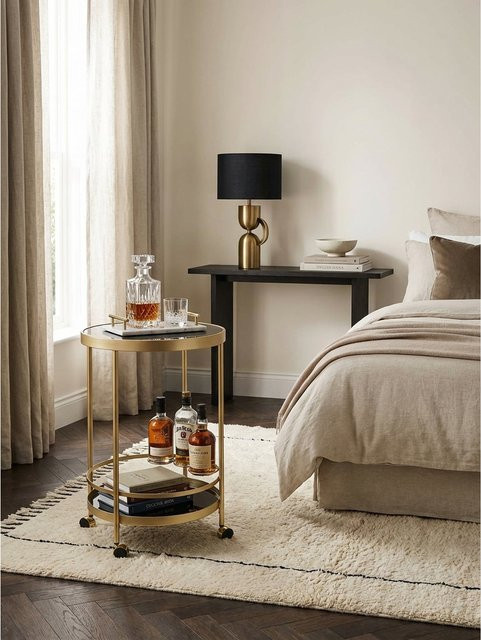 Servierwagen KADIMA DESIGN in Gold und Schwarzglas mit 2 Ebenen und Rollen, Durchmesser: 45 cm, Höhe: 76 cm - Bild 1