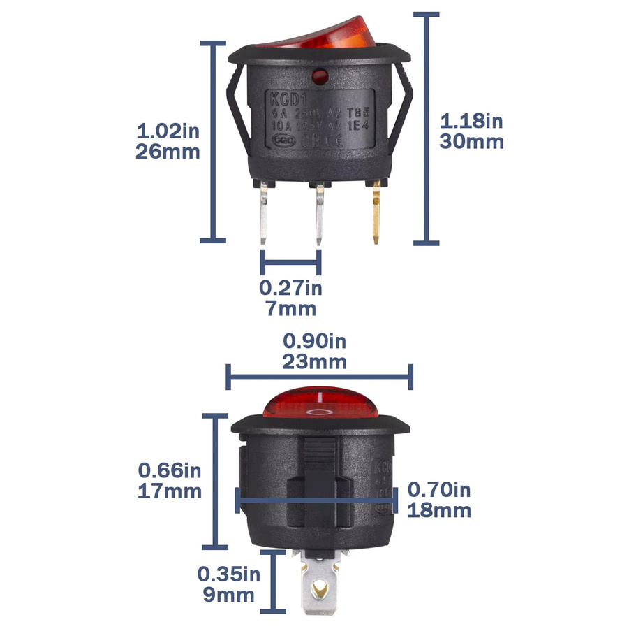 AOKIN 10 Stück runde beleuchtete Wippschalter KCD1, 3-polig, Ein-Aus, rotes Licht, 125V 10A / 250V 6A - Bild 2