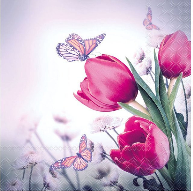 Serviette Schmetterlinge & Tulpen aus Papier für ein frühlingshaftes Ambiente, 33 cm - Bild 1