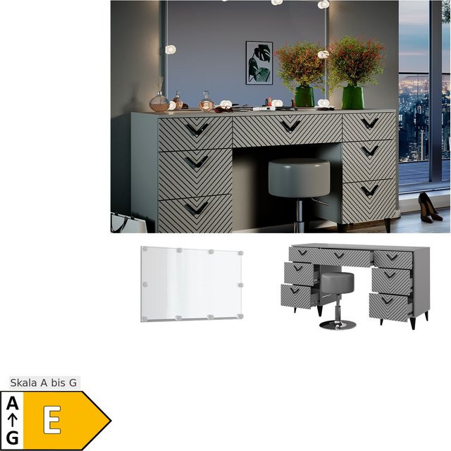 Vicco Schminktisch Anett Grau mit Spiegel, Hocker und LED-Beleuchtung - Bild 1