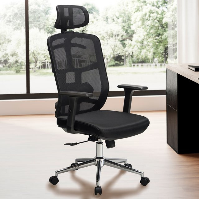 Ergonomischer Bürostuhl FineBuy in Schwarz mit Mesh-Rückenlehne, Drehstuhl mit Armlehnen und Rollen, Belastbarkeit bis 120 kg - Bild 1
