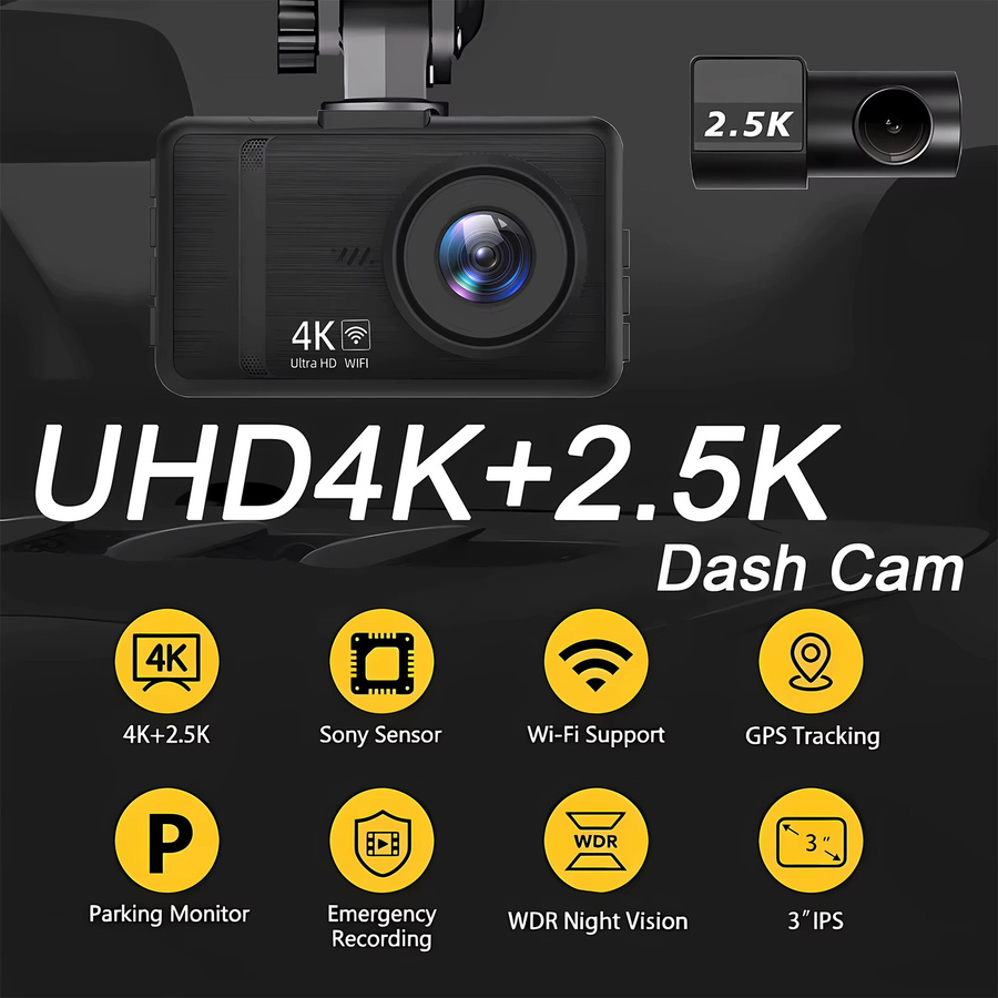 MYOLSD Dual Dash Cam mit 4K UHD Vorne und 2,5K Hinten, Mini Auto DVR mit WiFi und GPS, Schwarz - Bild 2