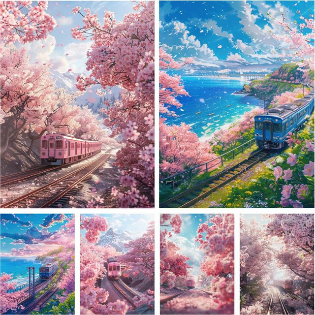 Potdemiel 5D Diamant-Malerei Fantasy Sakura Zug Landschafts-Mosaik-Set mit Runddiamanten in Mehrfarbig - Bild 1
