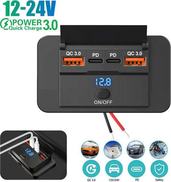 KEBETEME USB Auto Ladegerät mit QC3.0 und PD Schnellladefunktion, 12V/24V USB-C Power Adapter mit Ein/Aus-Schalter, Schwarz - Bild 1