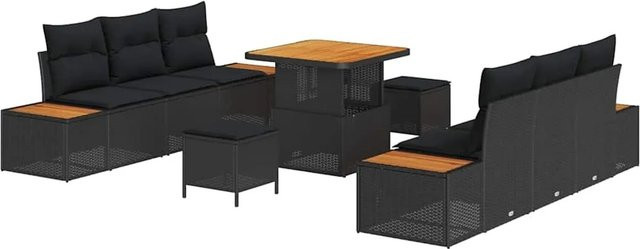 vidaXL Garten-Sofa-Set aus Polyrattan in Schwarz, 9-teiliges Outdoor-Möbelset mit Kissen für Terrasse und Garten - Bild 1