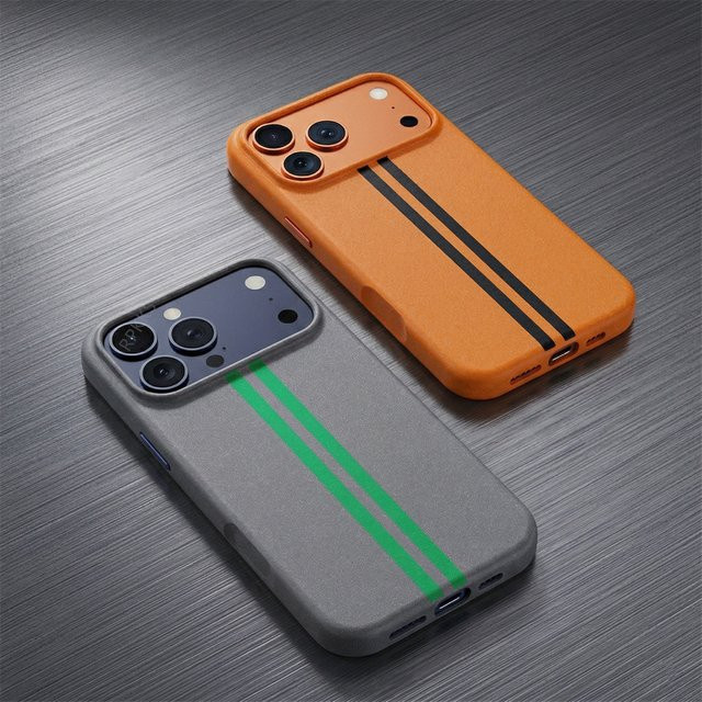 MagSafe Magnetische Handyhülle mit Hybrid-Feinkorn-Steinsand-Textur für iPhone 17 16 Pro Max aus Silikon und harter Rückseite in Grau und Orange - Bild 1