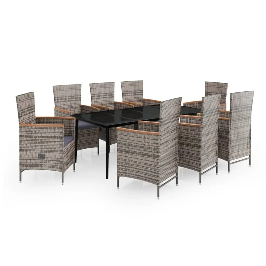 vidaXL 9-teilige Garten-Essgruppe aus Akazienholz und PE-Rattan in Grau mit Glasplatte und Auflagen - Bild 2