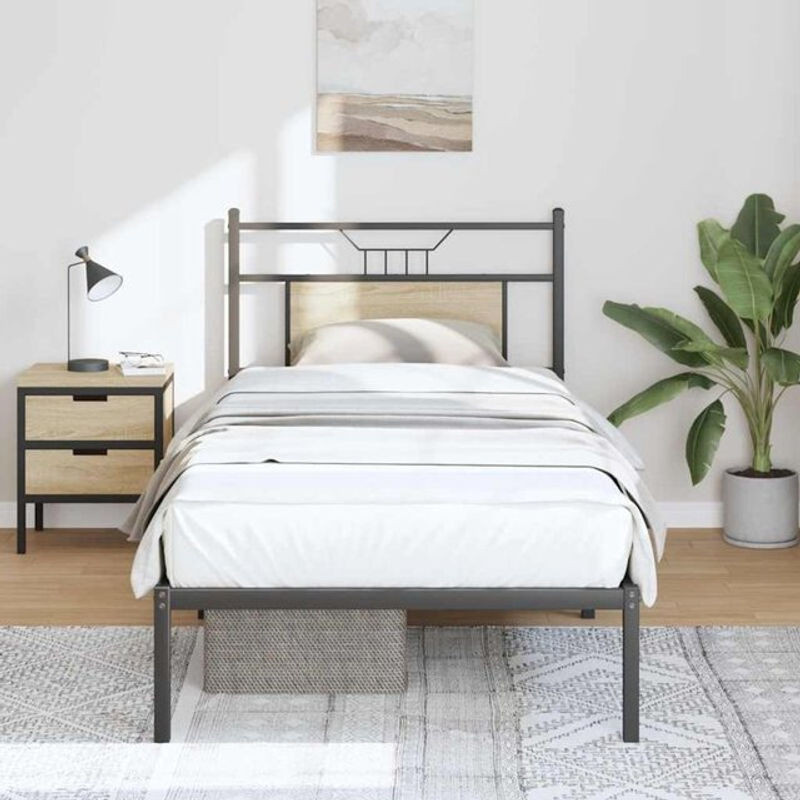 Bettgestell aus Holzwerkstoff und Metall im Industrial-Design von Vidaxl, Farbe Eiche Natur/Schwarz, B/T/H: 80 x 200 cm - Bild 1
