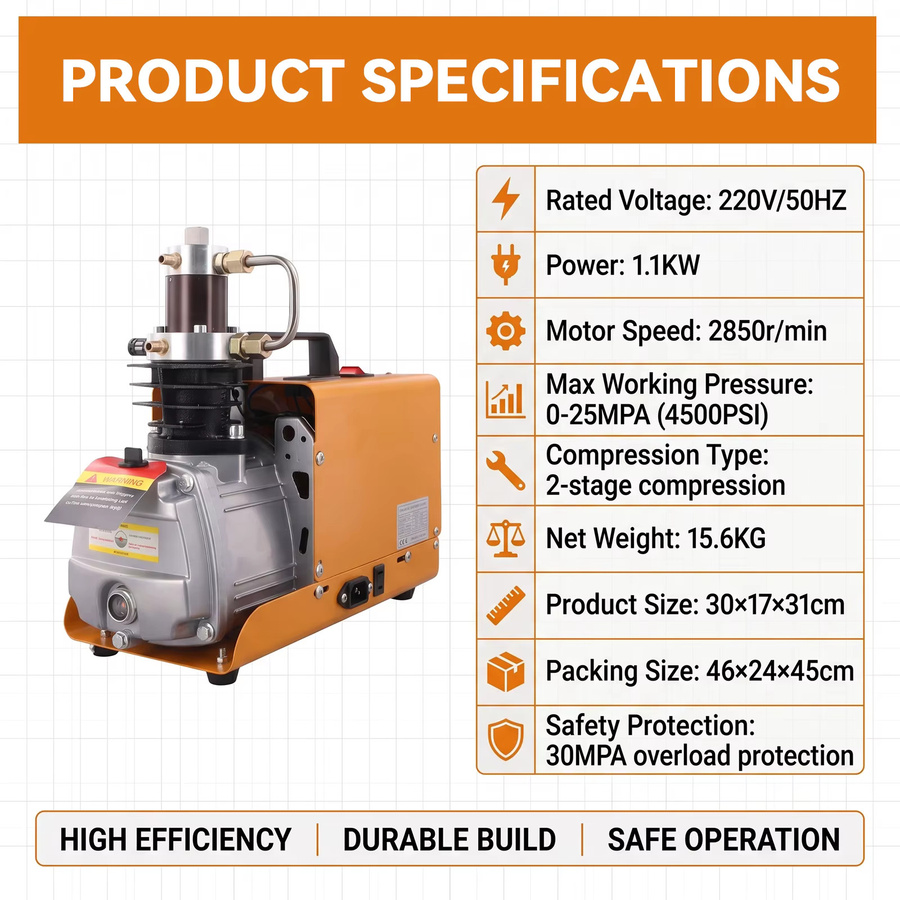 Podofo Hochdruck-Luftkompressor 180W PCP 4500Psi Elektrische Aufblaspumpe mit bürstenlosem Motor und Kühlventilator in Orange - Bild 6