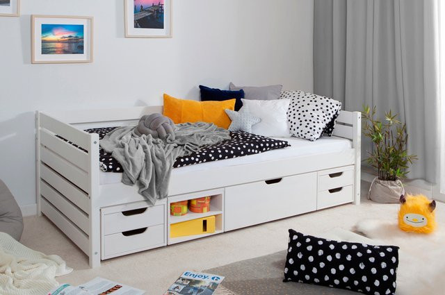TiCAA Sofabett Naomi in Weiß mit Funktionsschubkästen und Kiefernholzrahmen, B/T/H: 100 x 200 x 70 cm - Bild 1