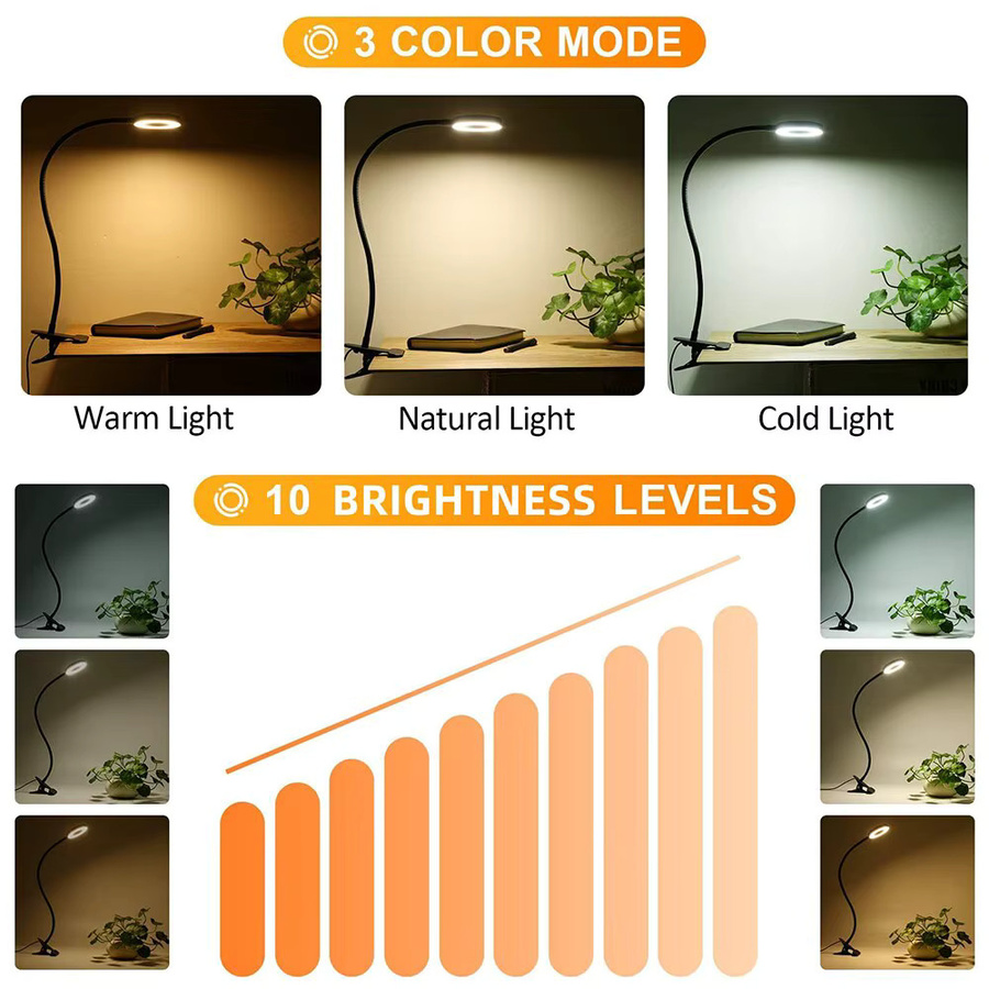 Heinast LED USB Buchlampe mit Clip in Schwarz, 48 LED Schreibtischleuchte mit 3 Farbmodi und 10 Helligkeitsstufen, flexibler Schwanenhals für Home Office und Schlafzimmer - Bild 2