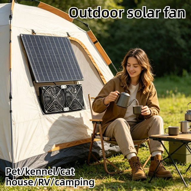 EESBAO Solarbetriebener Doppelkühlventilator 15W mit hocheffizientem Panel in Schwarz für Hühnerstall, Hundehütte und Gewächshaus - Bild 1
