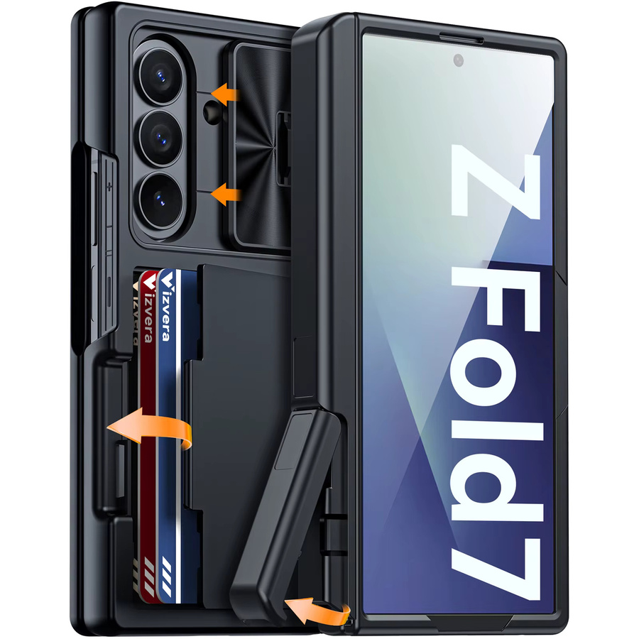 Samsung Galaxy Z Fold 7 Handyhülle mit RFID-Kartenhalter, verstecktem Ständer und Kameraabdeckung, stoßfeste Silikon-Wallet-Hülle in Schwarz - Bild 5