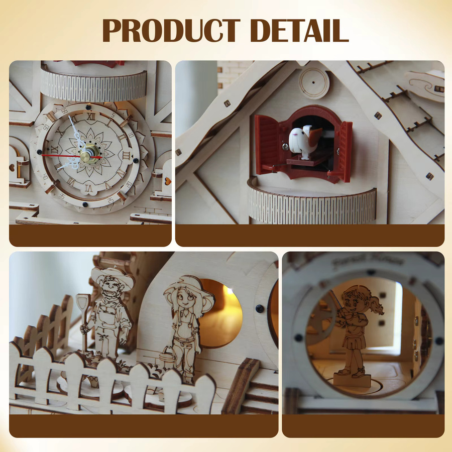 Cuberie 3D-Holzpuzzle Kuckucksuhr mit Spieluhr als DIY-Modellbausatz für Erwachsene in Champagner-Beige - Bild 5