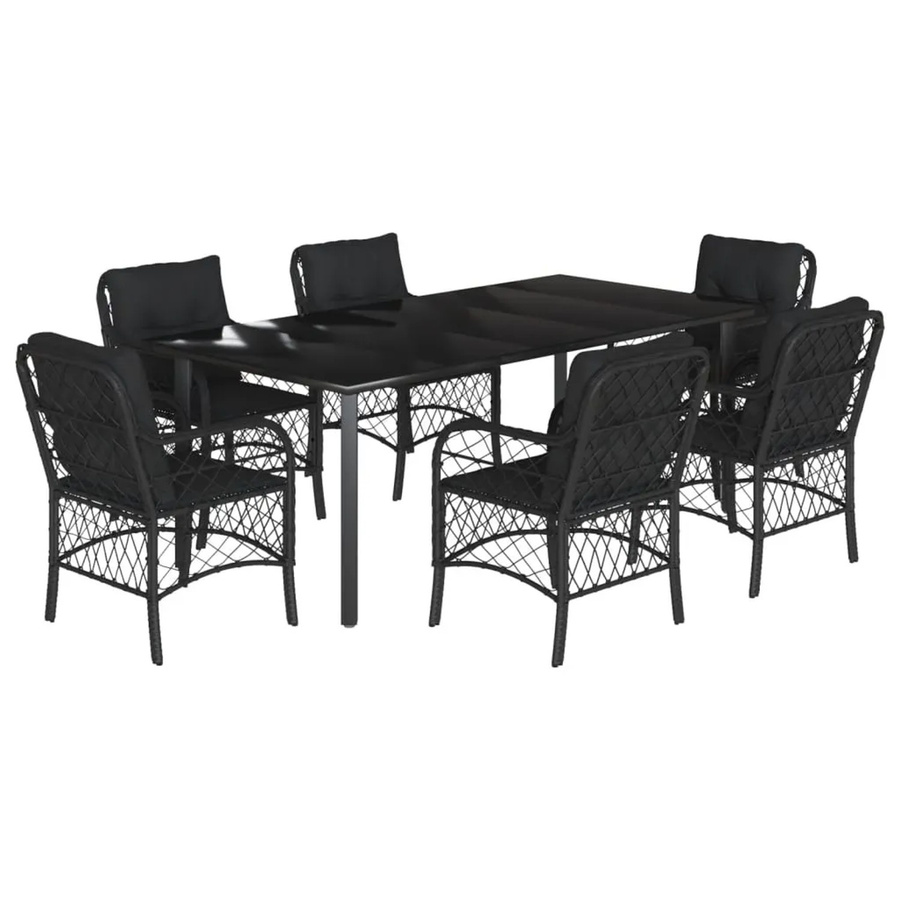 vidaXL 7-teilige Garten-Essgruppe aus Poly Rattan mit Kissen und Glastisch in Schwarz - Bild 2