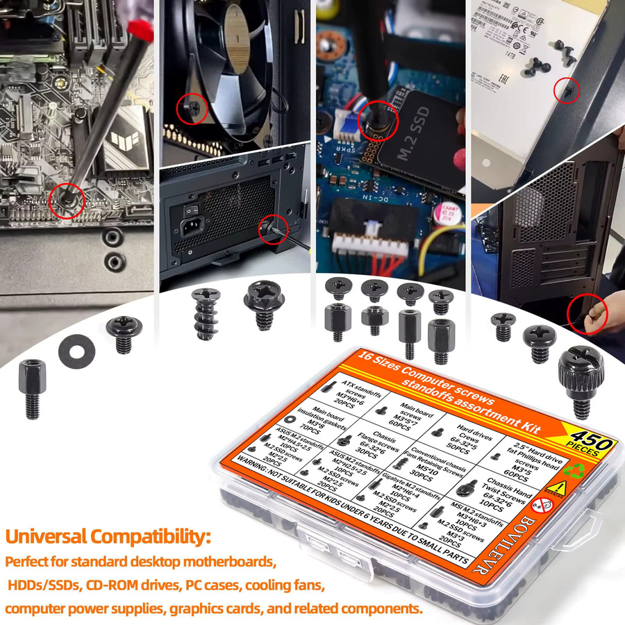 BOVILEVR 450-teiliges Computer-Schraubenset für PC-Montage und Reparatur inklusive M.2 SSD-Befestigung, Motherboard-Abstandshalter sowie Schrauben für Gehäuse, SSD, HDD und Lüfter - Bild 4