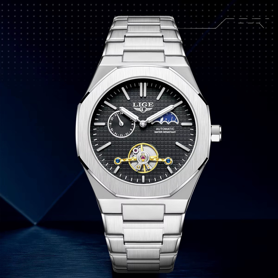 LIGE Armbanduhr Automatik, Mondphase, Edelstahl, Herren, Schwarz, Silber - Bild 5
