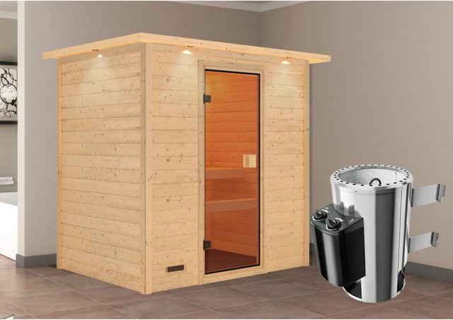 Karibu Massivholzsauna Selena in Natur mit 3,6 kW Ofen, integrierter Steuerung und LED-Dachkranz, B/T/H: 195 x 145 x 223 cm - Bild 1