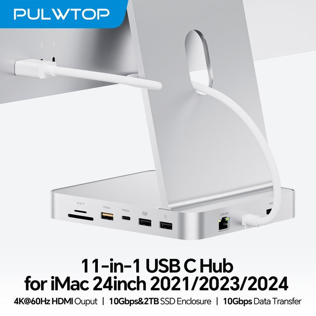 PULWTOP 11-in-1 USB-C-Hub für iMac 24 Zoll in Silber mit 4K HDMI, Ethernet, USB-A/C 10 Gbit/s und SD/TF-Kartenslot sowie M.2 SSD-Unterstützung - Bild 1
