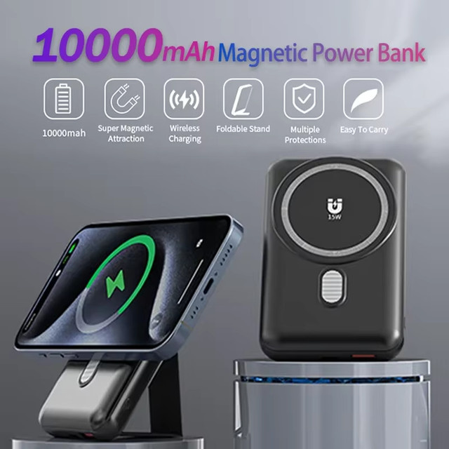 Hganus 2-in-1 Magnetische Powerbank mit 10000mAh und 15W Schnellladung sowie integriertem Telefonhalter, Schwarz - Bild 1