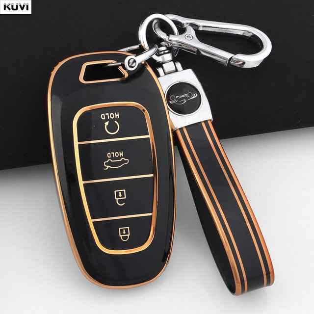 Kuvi TPU Schlüsselhülle für Hyundai Santa Fe Tucson NEXO NX4 Atos Prime Solaris, Schwarz, 4 Tasten Abdeckung - Bild 1