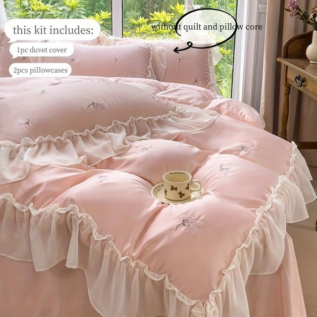 3-teiliges Bettwäscheset Bin Chi Textiles mit Rosenstickerei und Spitze in Rosa, B/H: 135 x 200 cm - Bild 1