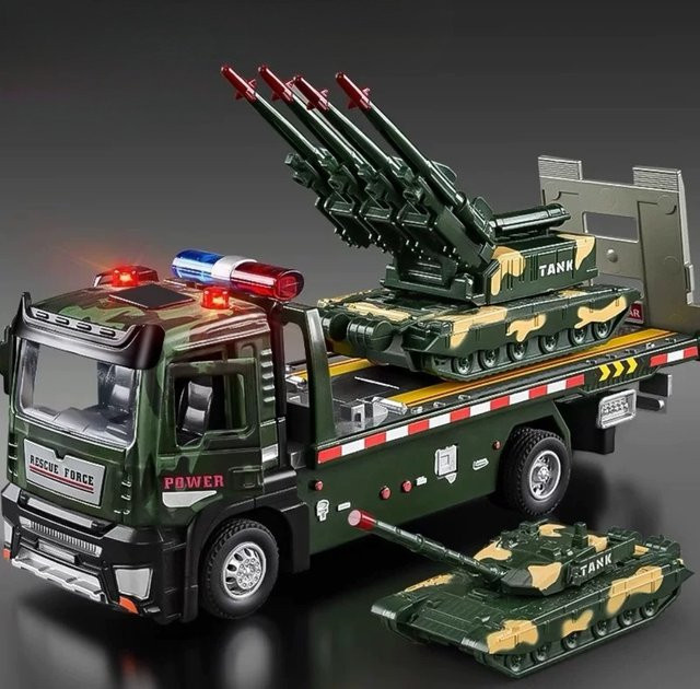 MINI AUTO Militär Tank Flachbett Anhänger, Modell Spielzeug Auto, 1:32, Metall, mit Licht und Sound - Bild 1
