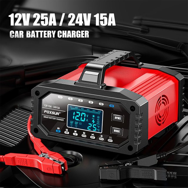 Vollautomatisches Autobatterieladegerät mit LCD-Display und Schutzfunktionen für 12 V/24 V in Schwarz - Bild 1