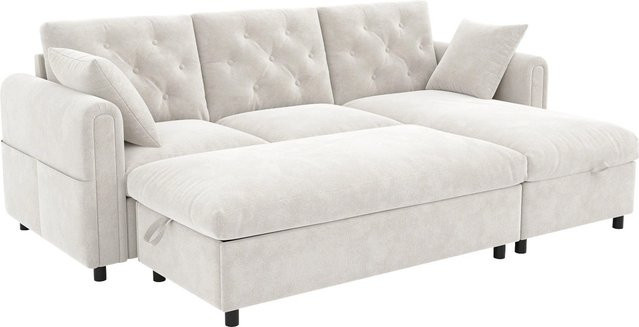 Merax Samtsofa in Beige mit Chaiselongue und Stauraum, L-Form, B/T/H: 219 x 131 x 86 cm - Bild 1