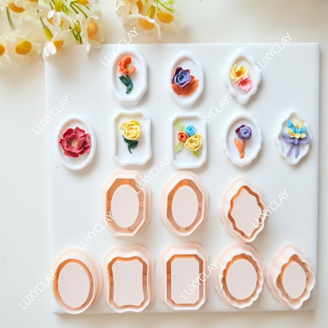 8er Set Polymer-Clay-Stempel in verschiedenen Formen für die Schmuckherstellung, antike Spiegelrahmen-Ausstecher aus Kunststoff, Weiß - Bild 1
