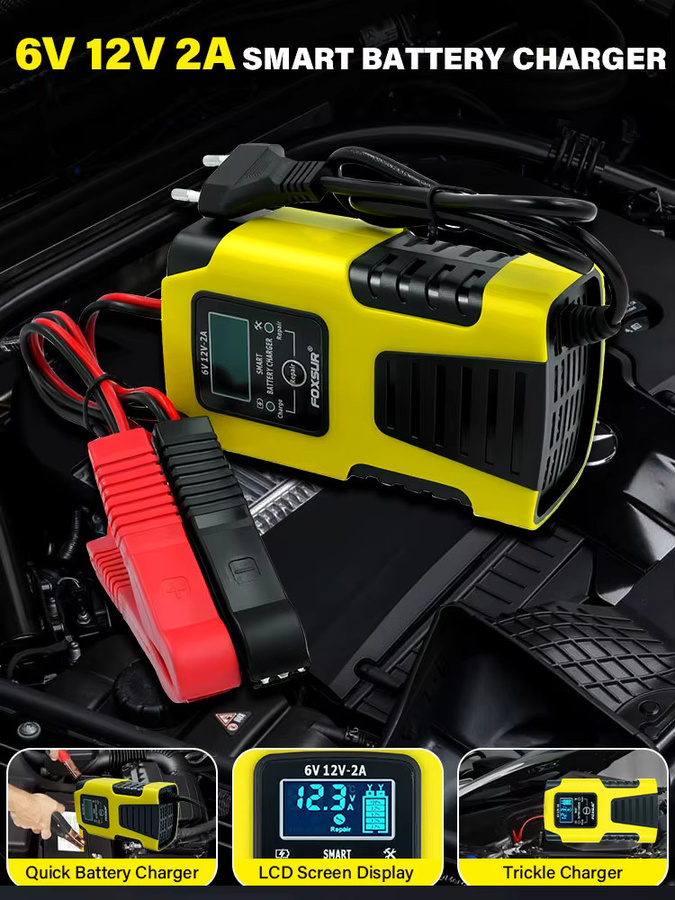 Automatisches Autobatterie-Ladegerät mit LCD-Anzeige und Impulsreparatur für Blei-Säure, GEL, AGM, Nass, Calcium und Deep Cycle VRLA Batterien, Gelb, 6V/12V 2A - Bild 7