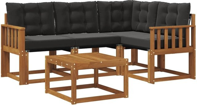vidaXL Outdoor-Sofagarnitur aus Akazienholz in L-Form mit Kissen und Couchtisch, 5-teiliges Set, Braun und Schwarz - Bild 1