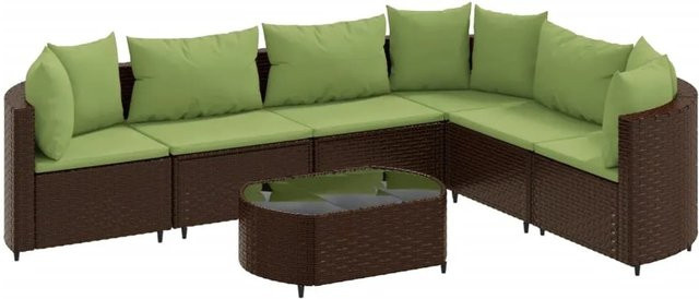 vidaXL 7-tlg Garten-Sofagarnitur in L-Form aus braunem Poly-Rattan mit Kissen und Couchtisch - Bild 1
