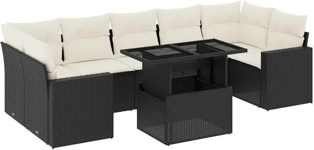 vidaXL 8-teilige Garten-Sofagarnitur in L-Form mit Kissen und Couchtisch, Schwarz, Poly Rattan und Metallrahmen - Bild 1