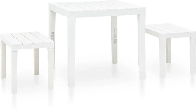 vidaXL Gartentisch mit 2 Bänken aus Kunststoff in Weiß - Bild 1