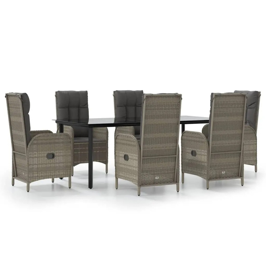 vidaXL 7-teilige Garten-Essgruppe aus Poly Rattan in Schwarz und Grau mit wetterfesten Kissen und Tisch aus gehärtetem Glas - Bild 2