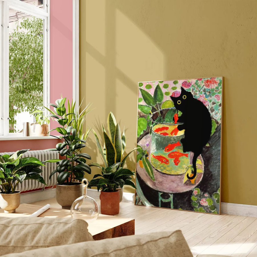 SHENCHEN Wandbild Matisse Goldfisch mit schwarzem Katzendruck und Blumen in rechteckiger Form - Bild 2