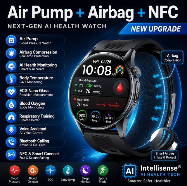 GUHUAVMI Smartwatch 2026 mit Blutdruckmessung, Harnsäure- und Blutfettüberwachung, ECG und NFC in Schwarz - Bild 1