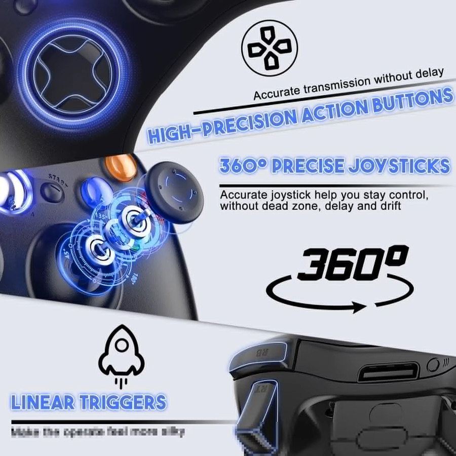 Bonacell Kabelloser 2,4G Controller für Xbox 360 Slim/Lite und PC, Gamepad mit Dual-Vibration und präzisen Triggern in Schwarz oder Weiß - Bild 3