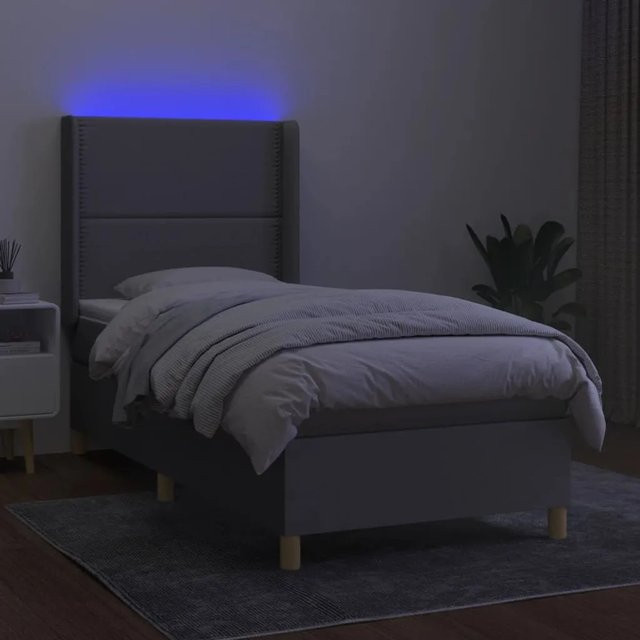 vidaXL Boxspringbett mit Matratze in Hellgrau, Hybridbett mit LED-Unterbettbeleuchtung und USB-Anschluss, B/T: 90 x 190 cm - Bild 1