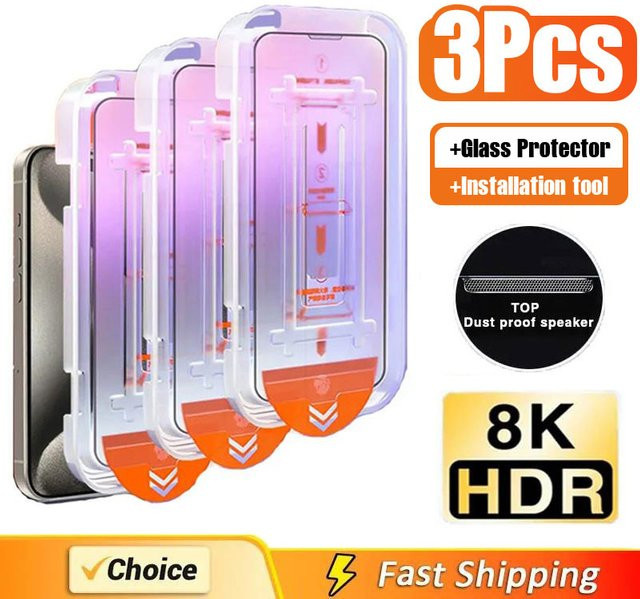 3er-Pack Hekiy Displayschutzfolie aus Glas mit oleophober Beschichtung für iPhone 15 Pro Max, 16 Plus, 14, 13, 12, 11, transparent - Bild 1