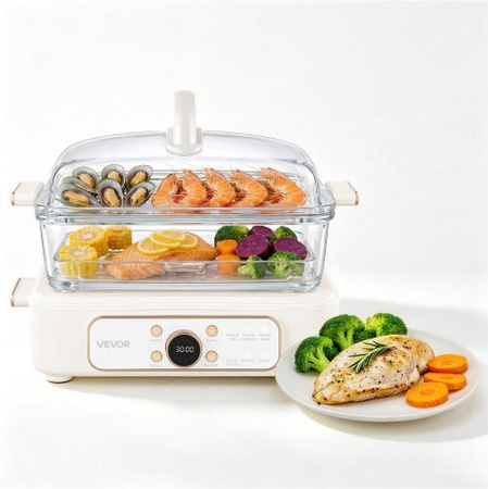 VEVOR Elektrischer Dampfgarer mit 6 L Volumen, 1200 W, 2 Garebenen aus Edelstahl und Glas, Weiß, ideal für Gemüse, Meeresfrüchte und Reis mit Timer und Programmen