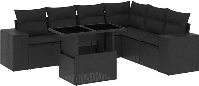 vidaXL 7-teilige Garten-Sofagarnitur in L-Form aus schwarzem Poly-Rattan mit Kissen und pulverbeschichtetem Stahlgestell - Bild 1