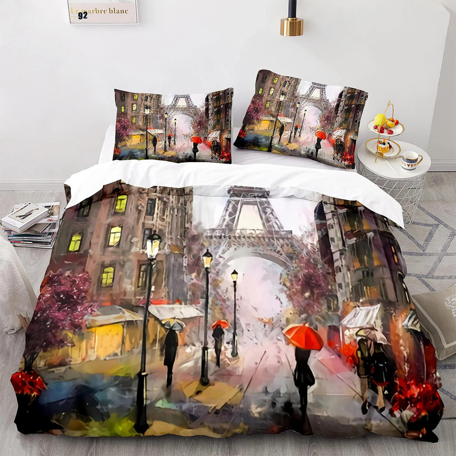 Bettwäsche Set mit Eiffelturm Paris Motiv in Rot und Multicolour aus Polyester, bestehend aus Bettbezug und Kissenbezügen von Binchi Outdoor Product - Bild 1