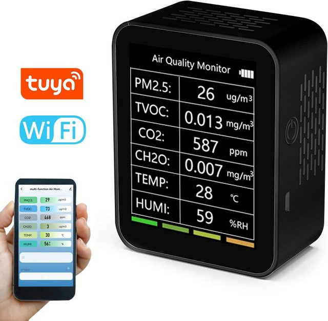 Kkmoon Tuya WiFi 6-in-1 Luftqualität Detektor Multifunktions Luftqualitätssensor für Home Office und Indoor, Farbe: Schwarz - Bild 1