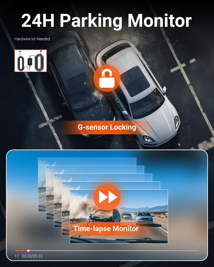 Etymoofox 4K UHD Dashcam mit WLAN und Nachtsicht, Dual-Kamera-System für vorne und hinten, 24H Parkplatzüberwachung, Blackbox in Schwarz - Bild 6
