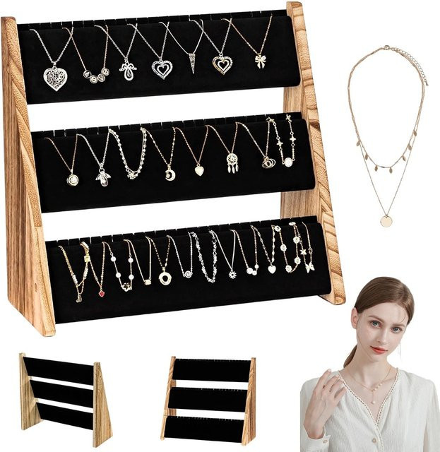 Schmuck-Präsentationsständer aus Holz mit 3 Ebenen und schwarzer Samt-Auskleidung für Halsketten - Bild 1